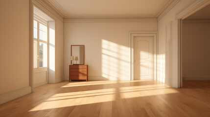 Obraz premium Warm afternoon light filtering through windows in a serene empty room with wooden furnishings