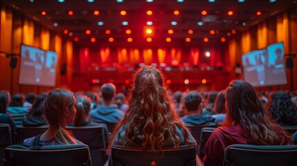 a group of people are sitting in an auditorium watching a concert