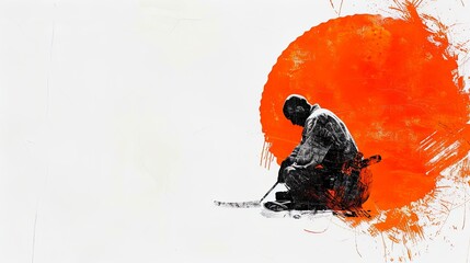 Japanese art with ancient design of man warrior with sword on background with big circle symbolizing rising sun. Illustration for cover, card, postcard, interior design, brochure or presentation.