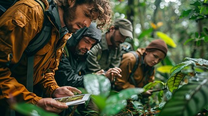 a group of people are looking at a map in the jungle