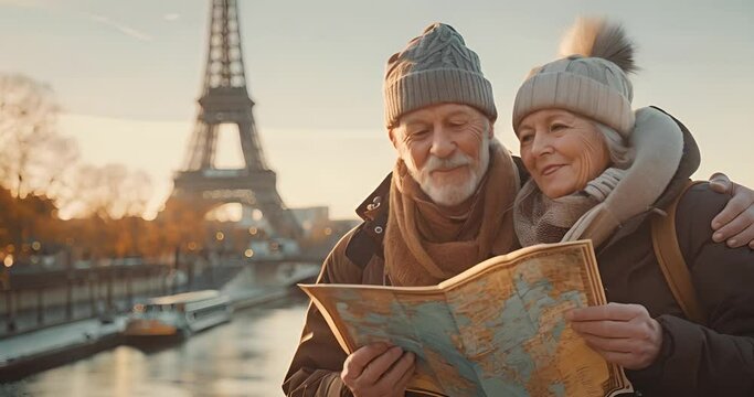 A smiling elderly couple studying a map in front of a sights of Paris at sunny day