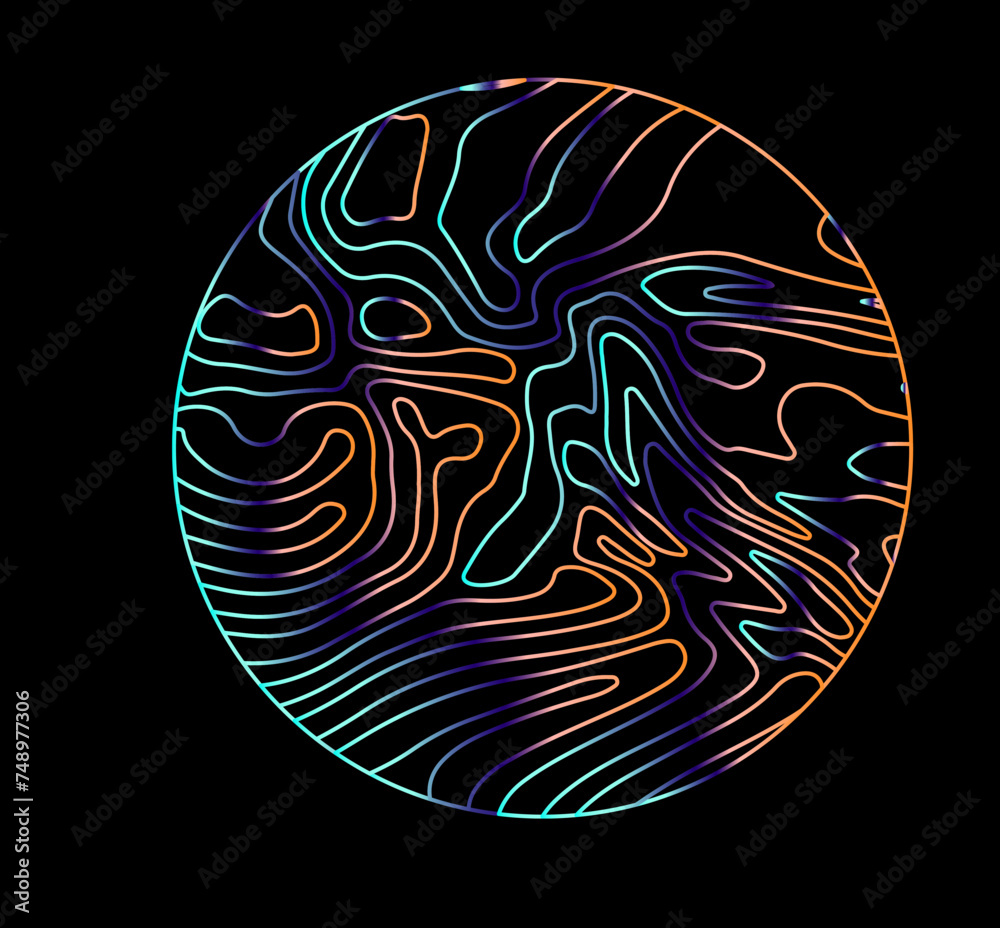 Poster Neon holographic circle with warped and glitched texture of lines. Template for modern logotype or print.
