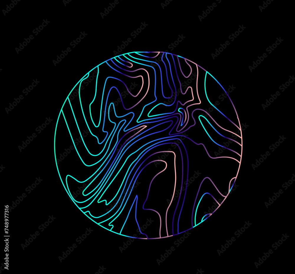 Poster Neon holographic circle with warped and glitched texture of lines. Template for modern logotype or print.