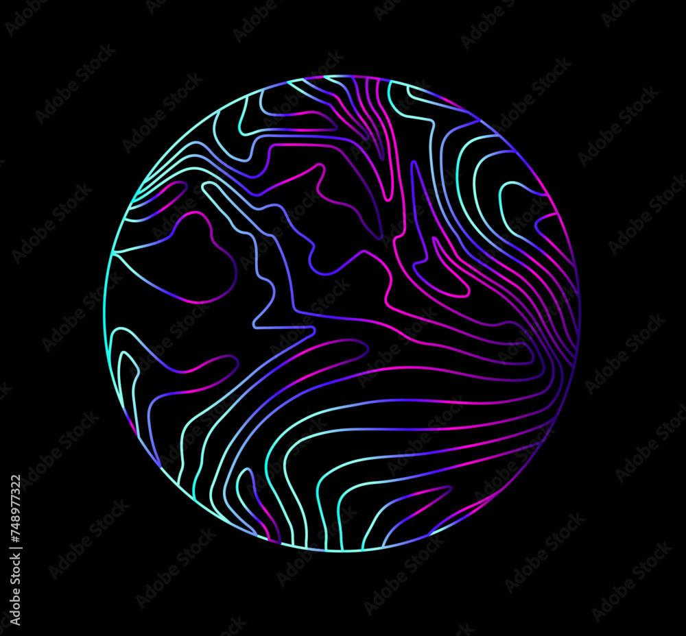 Poster Neon holographic circle with warped and glitched texture of lines. Template for modern logotype or print.