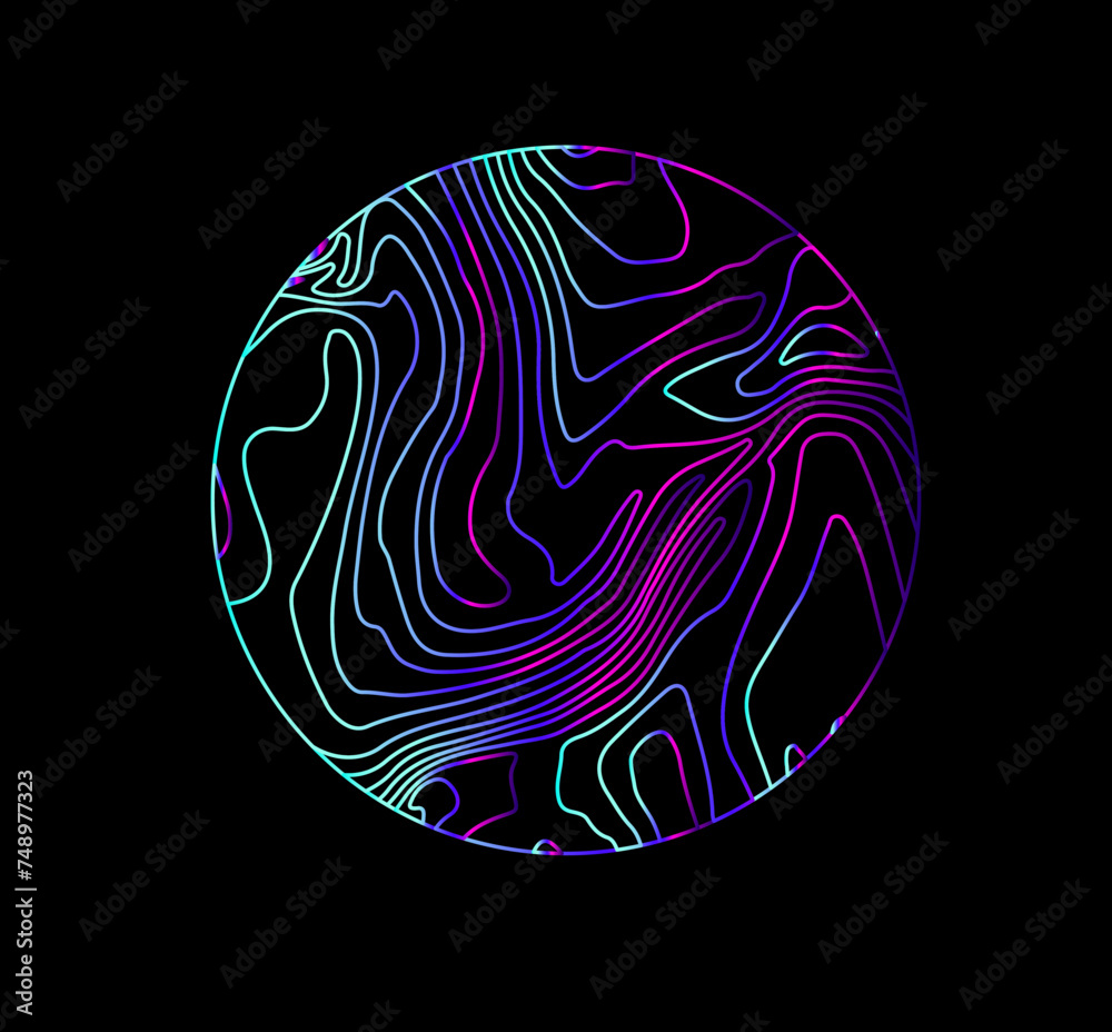 Poster Neon holographic circle with warped and glitched texture of lines. Template for modern logotype or print.