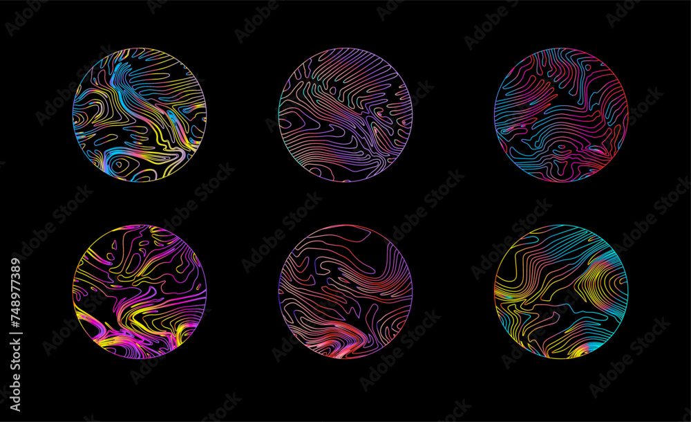 Poster elegant holographic circles with psychedelic wavy pattern in neon bright colors.