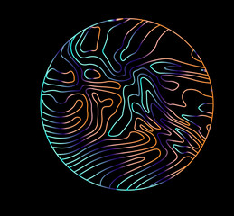 Neon holographic circle with warped and glitched texture of lines. Template for modern logotype or print.