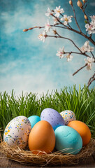 Fototapeta premium Multicolored Easter eggs on the table with spring flowers - Easter banner with a space for text. rustic Easter background. 
