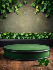 Empty podium for product demonstration and installation Background of green clover for St. Patrick's Day. Patrick Day Banner. 
