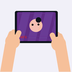 Vector illustration of a hand holding a tablet and watching online videos