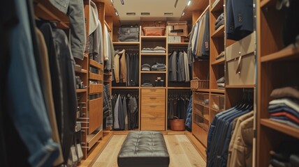 Disorder in a wardrobe room,variety of men's clothing, from shirts to jackets, neatly hung and folded, indicating personal style and organization.