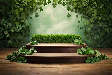 Fototapeta na wymiar Empty podium for product demonstration and installation Background of green clover for St. Patrick's Day. Patrick Day Banner. 