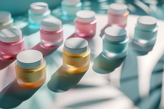 Facial satisfied skin care cream. Skincare treatment products: wrinkle reduction lotion, skincare viral parotitis gel, nighttime glow boosting cream serum and skin care community jar pot