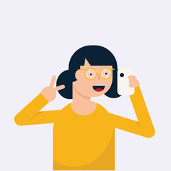 Vector illustration of a young woman taking a selfie using a smartphone