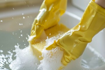 Close-up of hands in yellow rubber gloves wringing out soapy water from a sponge with water splashes around