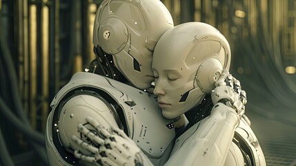 Two robot cyborgs hugging each other. Robots having feelings and romantic relationship. The concept of helping, supporting, understanding and comforting. Illustration for cover, card, interior design.