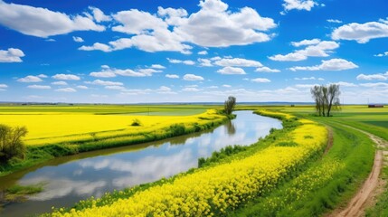 Riverside spring fields bloom with vivid yellow flowers under a dynamic blue sky - Powered by Adobe