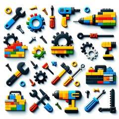Tools made from lego blocks icon set - obrazy, fototapety, plakaty