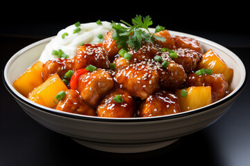 Asian dish Chicken in sweet and sour sauce with rice and herbs in a white plate on a dark background