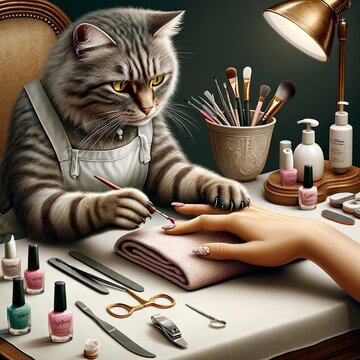 Luxurious nail salon, were a cat performing a manicure. Cute cat image
