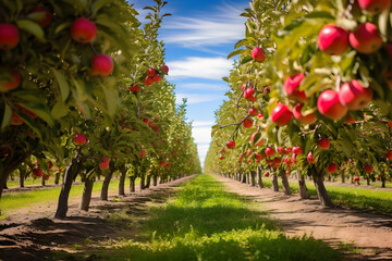 Fototapeta na wymiar Nature's Bounty: Glistening Apples in A Vibrant Orchard Under the Azure Sky