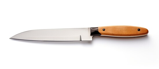 A sharp kitchen knife with a wooden handle placed on a plain white background, creating a simple and clean aesthetic. The knife exudes a sense of practicality and functionality in its design. - Powered by Adobe
