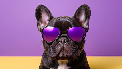 A black bulldog in black sunglasses with purple lenses on a purple and yellow background. optics, vision, eyesight, sight, eyewear, glasses, lenses