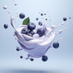 Blueberries with splashing milk flying in air isolated on white background. Blue berry drink product advertising design