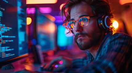 a man wearing glasses and headphones is playing a video game on a computer