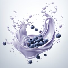 Juicy blueberries flying into a milky mixture of yogurt, cream. Banner, packaging, space for text