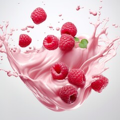 Splash of milk or yogurt and raspberry isolated on white background, banner, packaging, space for text