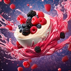 Juicy fruits flying in space together with waves of yogurt, ice cream, milk. Food advertising banner, space for text