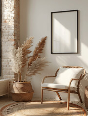 Ecostyle interior, black frame on the wall. Pampas grass in a vase, soft furniture. Mockup.