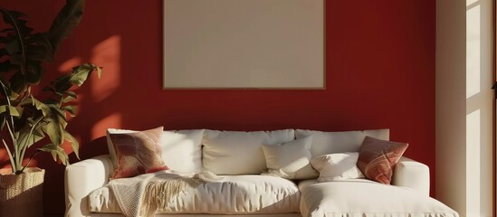 A modern Scandinavian living room featuring red walls, a white couch with pillows and a blanket, a carpet, potted plants, and various decor items. The room showcases a minimalist interior design