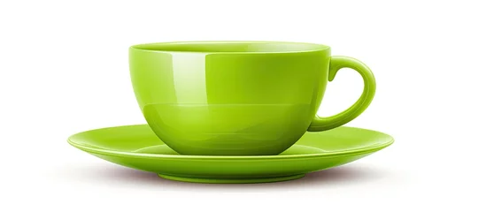 Badezimmer Foto Rückwand A green cup and saucer are placed on a clean white background. The cup has a classic shape and a vibrant green color, while the saucer complements it perfectly. © AkuAku