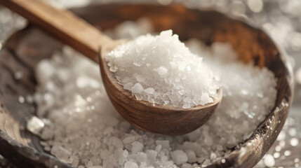 Fototapeta na wymiar Sea Salt Crystals in Wooden Spoon, salt