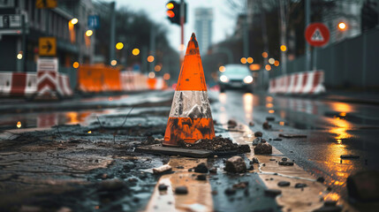 Traffic Cone, Urban Construction Zone, Roadworks  - obrazy, fototapety, plakaty