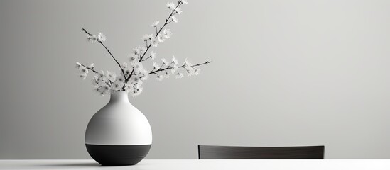 A round white vase sits on a dining room table, holding cotton flowers in this black and white photo.