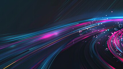  An abstract composition of luminous, flowing lines creates an illusion of digital waves across a dark backdrop, punctuated by translucent orbs floating gently above