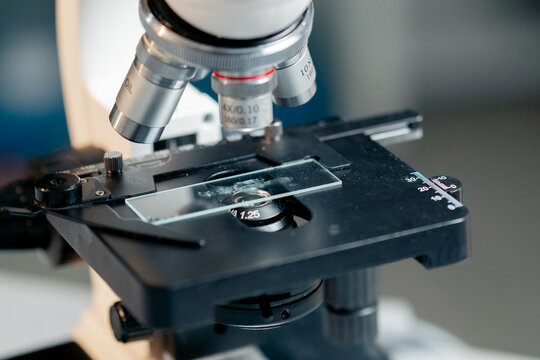 close-up in a veterinary clinic new microscope with glass ready for inspection