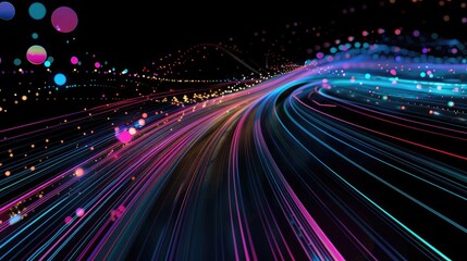  An abstract composition of luminous, flowing lines creates an illusion of digital waves across a dark backdrop, punctuated by translucent orbs floating gently above