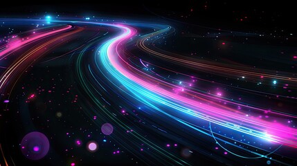  An abstract composition of luminous, flowing lines creates an illusion of digital waves across a dark backdrop, punctuated by translucent orbs floating gently above