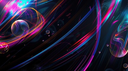  An abstract composition of luminous, flowing lines creates an illusion of digital waves across a dark backdrop, punctuated by translucent orbs floating gently above