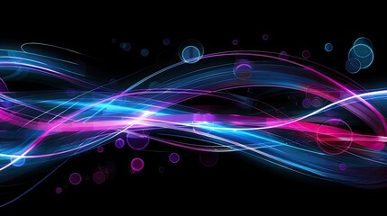  An abstract composition of luminous, flowing lines creates an illusion of digital waves across a dark backdrop, punctuated by translucent orbs floating gently above