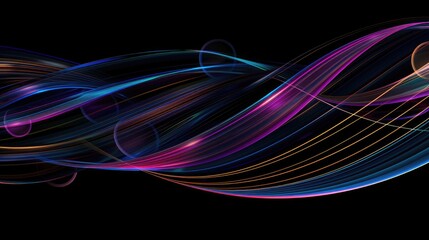  An abstract composition of luminous, flowing lines creates an illusion of digital waves across a dark backdrop, punctuated by translucent orbs floating gently above