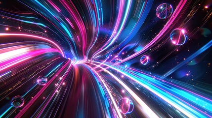  An abstract composition of luminous, flowing lines creates an illusion of digital waves across a dark backdrop, punctuated by translucent orbs floating gently above