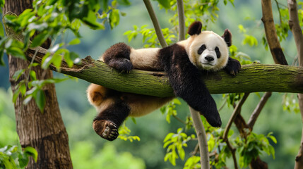 Urso panda deitado em um tronco de árvore suspenso na floresta  - Papel de parede  - obrazy, fototapety, plakaty