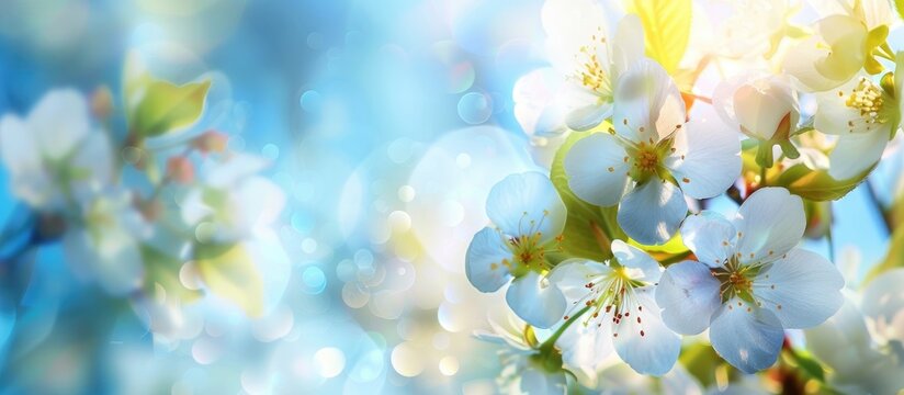A cluster of beautiful spring flowers in bloom on a cherry tree, creating an abstract floral border against the sky. This macro photograph is perfect for Easter or Mothers Day greeting cards.