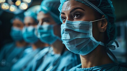 a group of surgeons wearing surgical masks in an operating room - obrazy, fototapety, plakaty