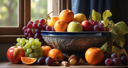 Craft an ultra-realistic still life composition featuring a bowl of fresh fruits, such as apples, grapes, and oranges, with realistic textures and reflections. Pay meticulous attention -AI Generative